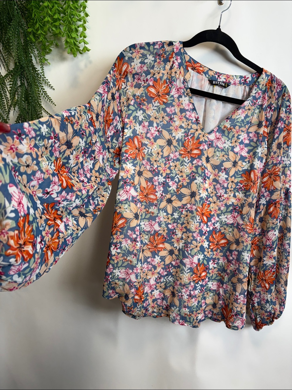 Orange and Blue Floral Long Sleeve Relaxed Blouse - Picture 7 of 13